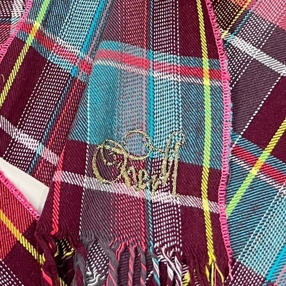 O’Neill Unisex Aqua Plum Tartan Plaid Lightweight Rectangular Scarf with Fringe - Picture 6 of 7